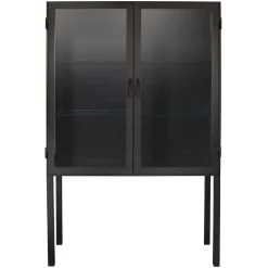 Chauncey Wide Black Iron & Clear Glass Curio Bar Cabinet