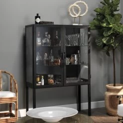 Chauncey Wide Black Iron & Clear Glass Curio Bar Cabinet -Furnitur Jamie Young 20chau cabbk 8
